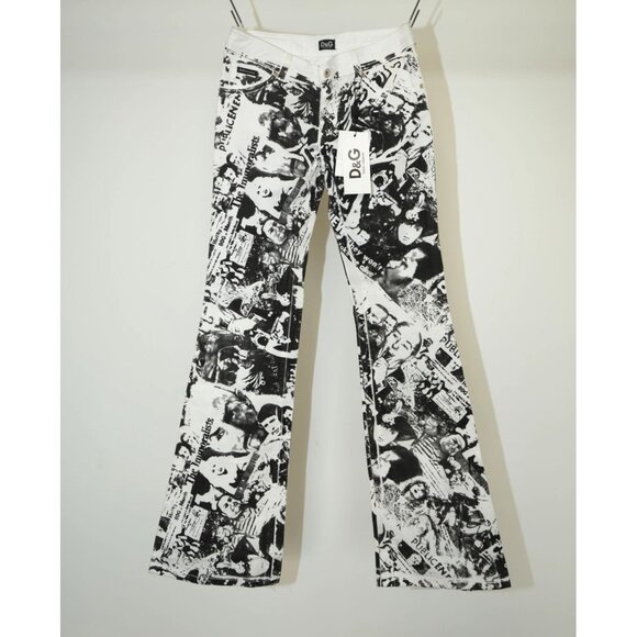 VTG Dolce & Gabbana R. Budd Dwyer Newspaper Print Flared Jeans W30 Women's NWT - Picture 1 of 9
